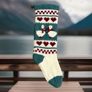 Vintage Knit Christmas Stocking 20” Christmas Geese Granny Core Rustic Country